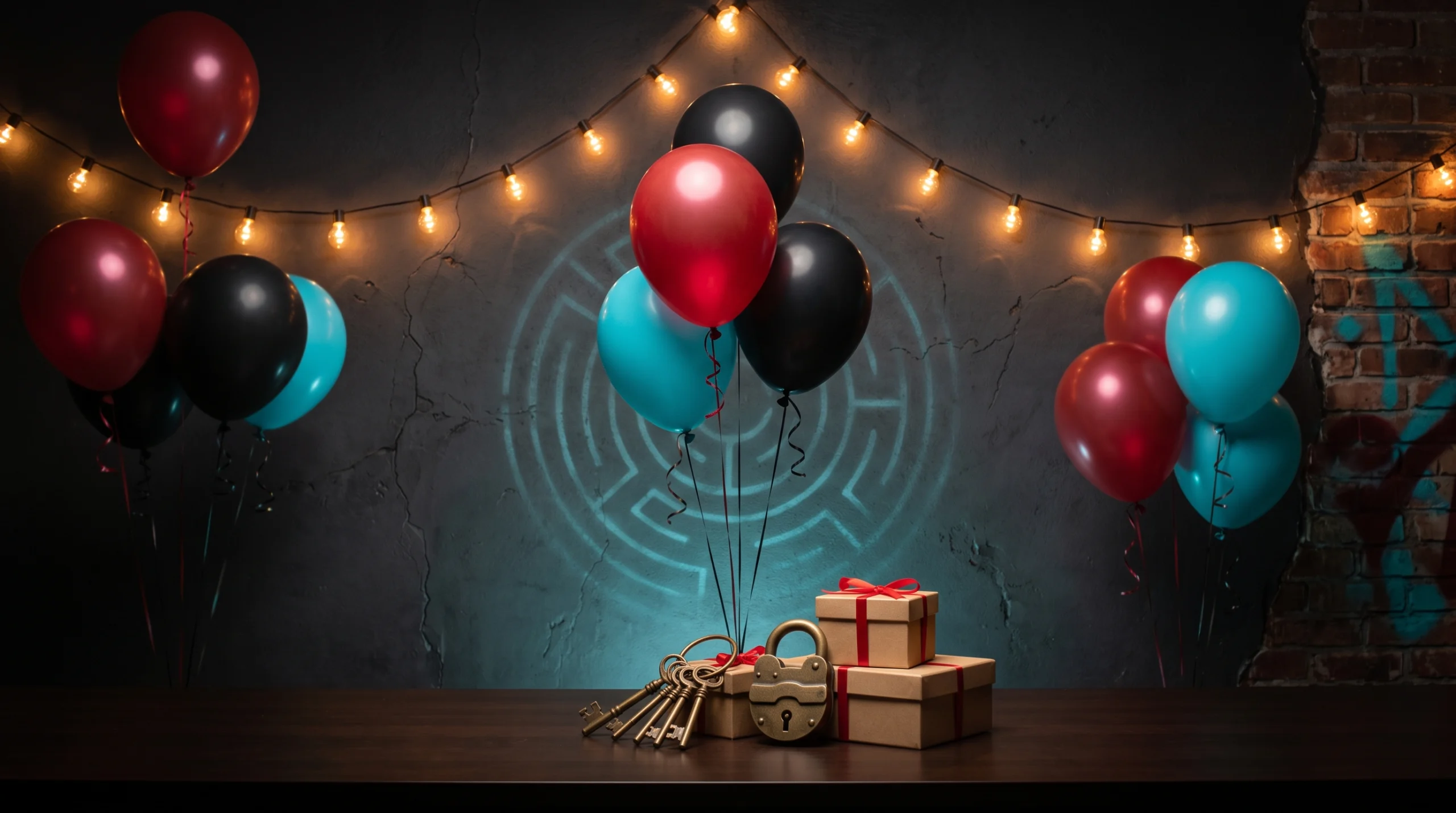 xcape-birthday-hero-strip יום הולדת ב-Xcape כפר סבא, בלונים בצבעי המותג עם מפתחות ומבוך