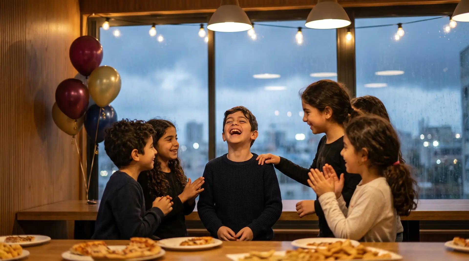 ילדים חוגגים יום הולדת במקום חם ומואר בזמן שבחוץ יורד גשם